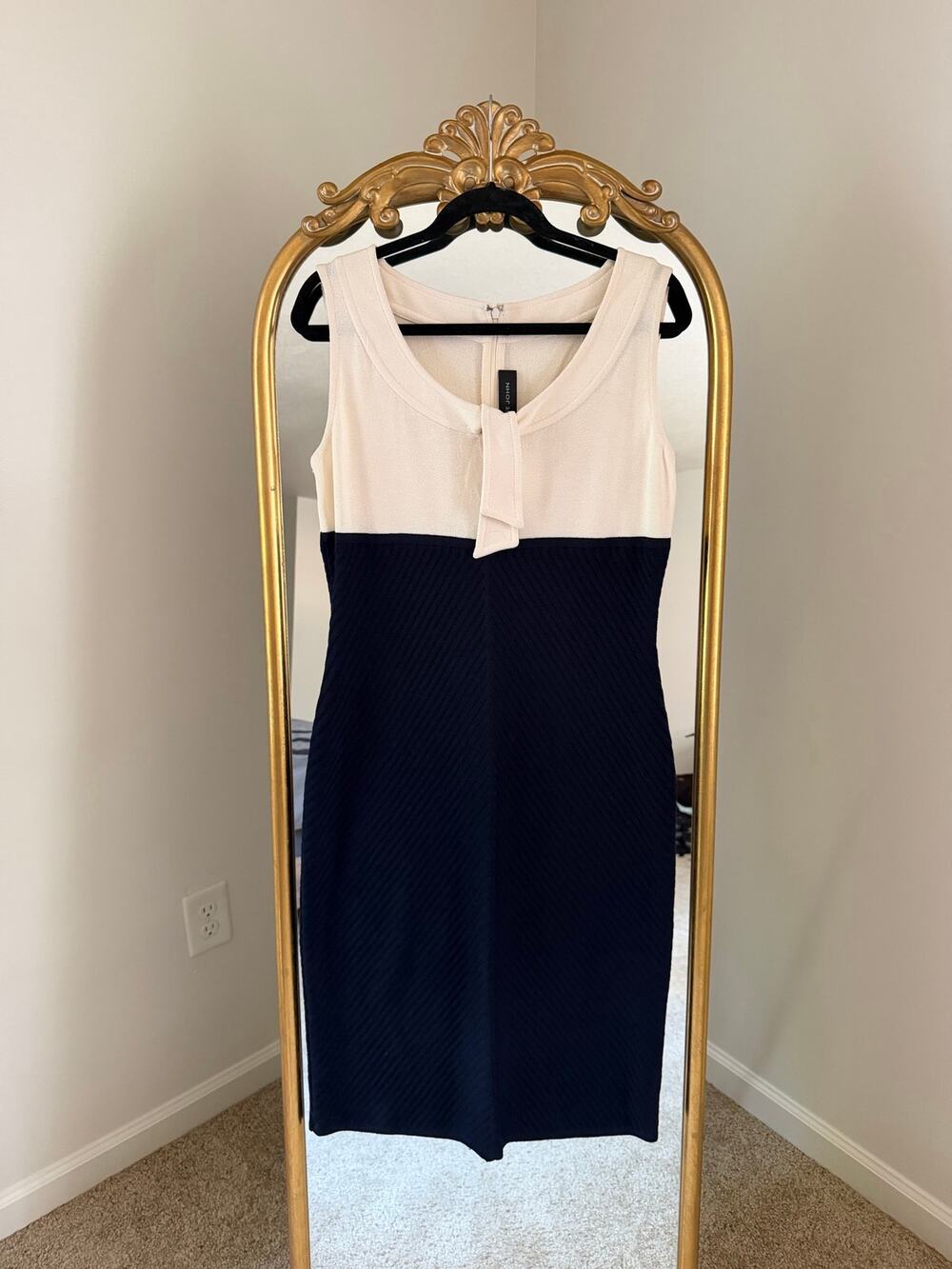 St John Cream Blue Bow Tie Detail Ribbed Sheath Dress